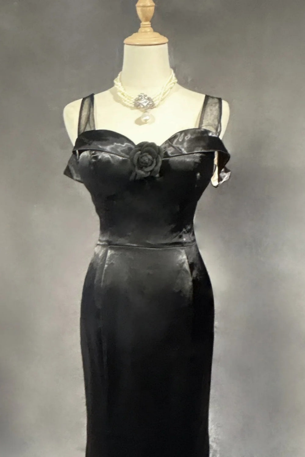 formaldressy-Black Satin Lace Long Dress gh6247