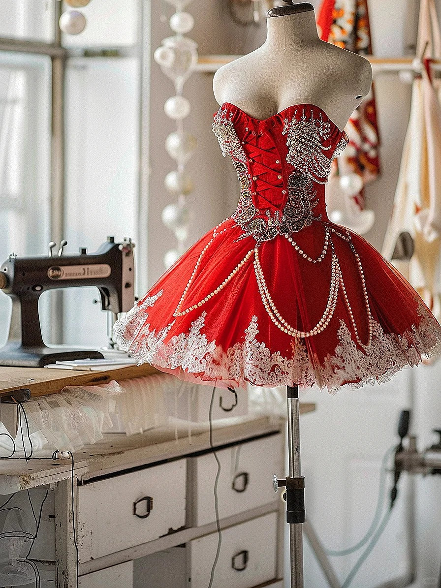 formaldressy-Red gorgeous exquisite beaded chiffon lace short homecoming dress birthday party dress gh5424