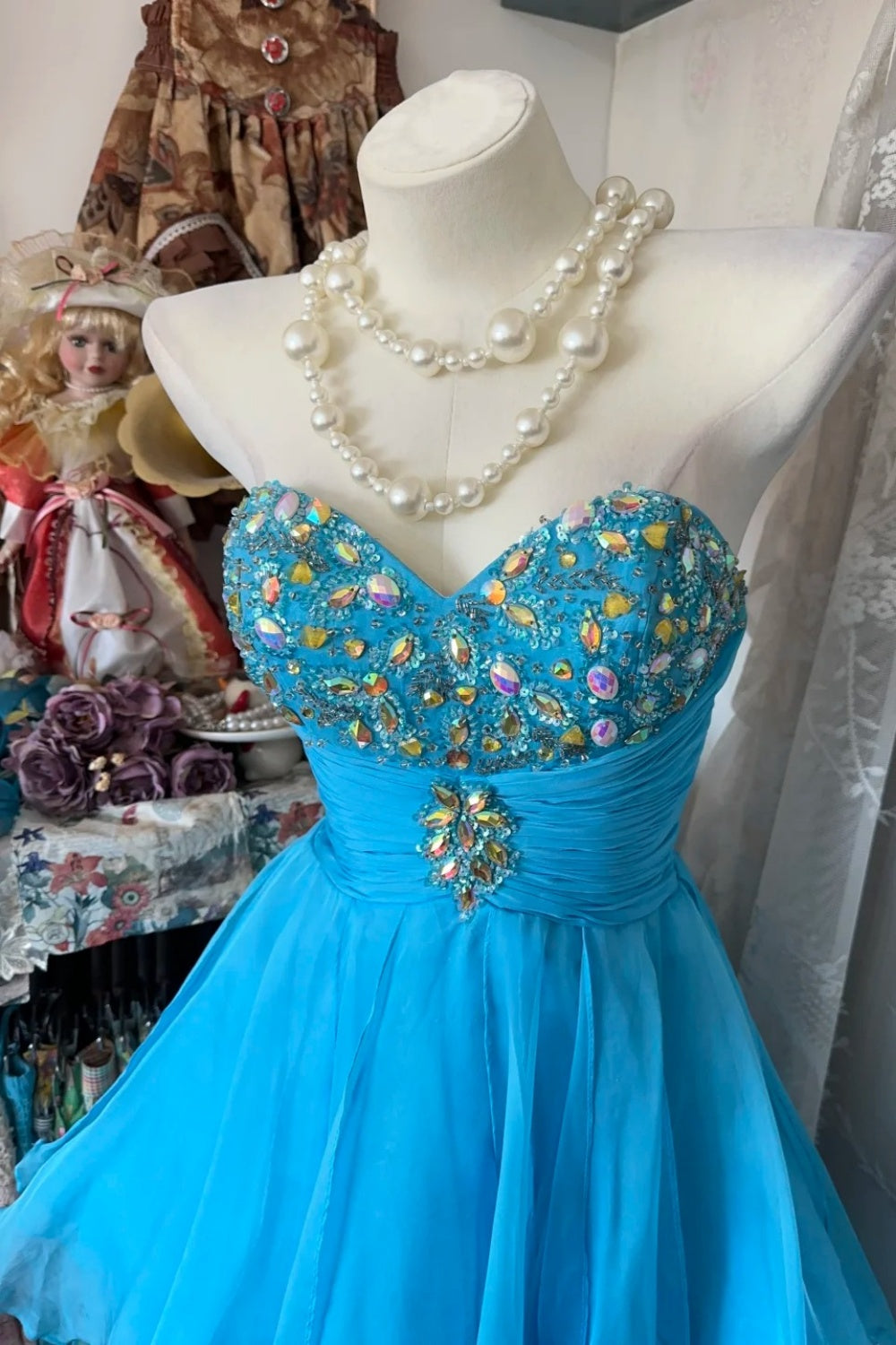 formaldressy-Blue sweetheart neckline short chiffon dress dress gh6127