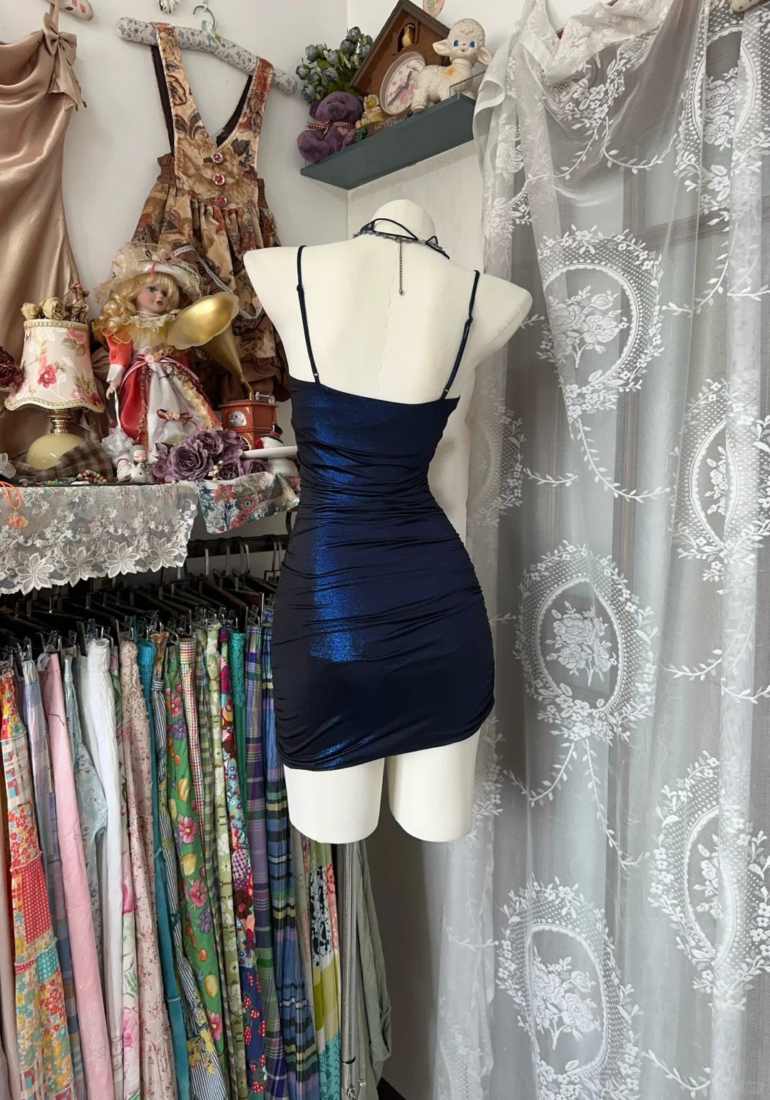 formaldressy-Navy blue shiny vintage short satin tight homecoming dress birthday dress gh5231