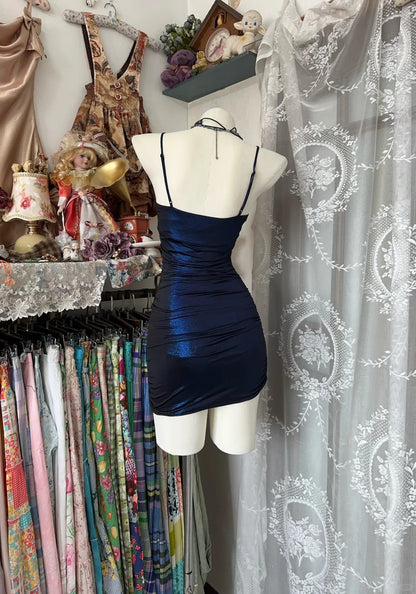 formaldressy-Navy blue shiny vintage short satin tight homecoming dress birthday dress gh5231