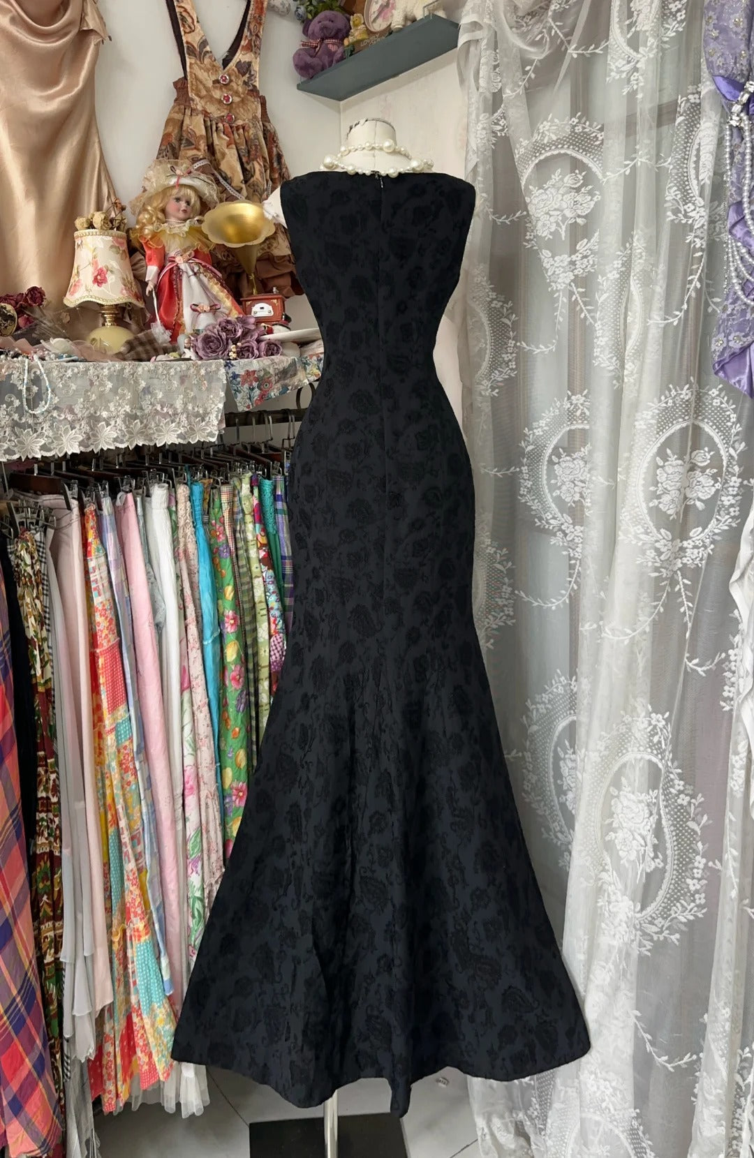 formaldressy-Black floral long satin Prom dress evening dress birthday party dress gh5184