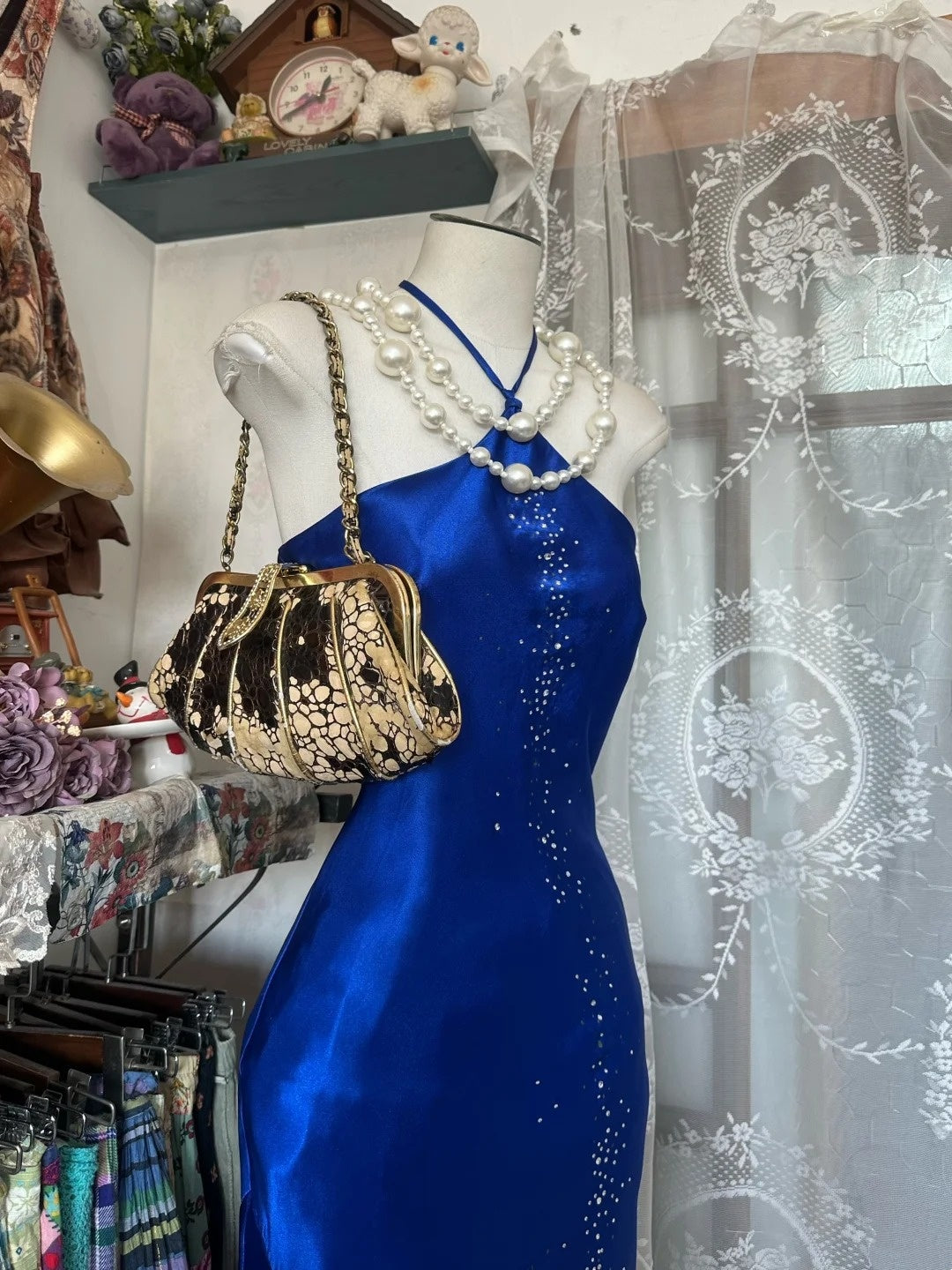 formaldressy-Royal Blue Satin Beaded Halter Sleeveless Floor-Length Mermaid Gown gh6324