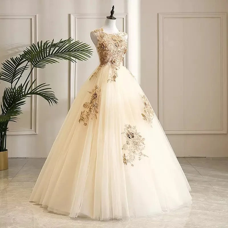 formaldressy-Champagne shimmering gold gorgeous floral bead decoration and formal ball dress with lace up, stunning wedding dress gh5311