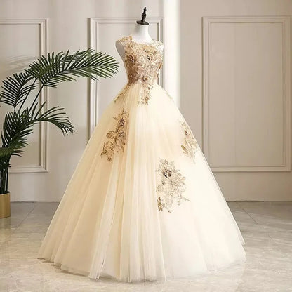 formaldressy-Champagne shimmering gold gorgeous floral bead decoration and formal ball dress with lace up, stunning wedding dress gh5311