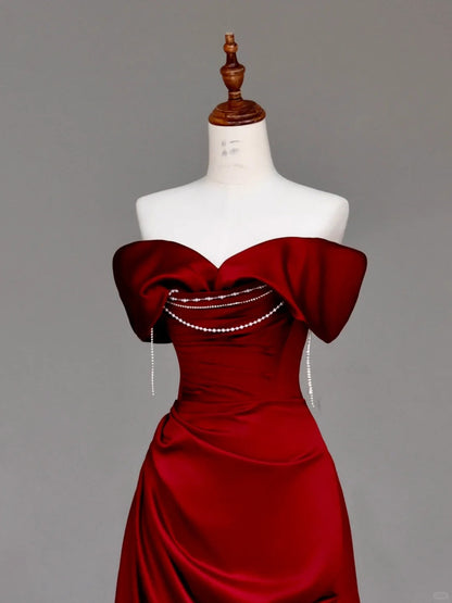 formaldressy -Red pearl beaded long satin prom dress evening dress party dress gh5114