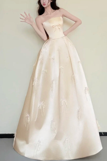 formaldressy-Sweet Bow Exquisite Beaded Long Satin Belle Princess Ball Gown Evening Dress Graduation Dress gh5978