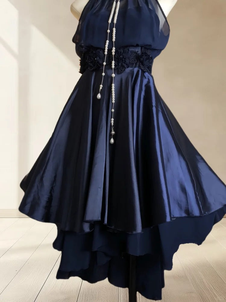 formaldressy--Navy blue satin retro halter neck elegant satin simple homecoming dress gh5699