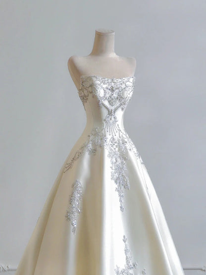 formaldressy--White exquisite beaded long satin prom wedding dress gh5482