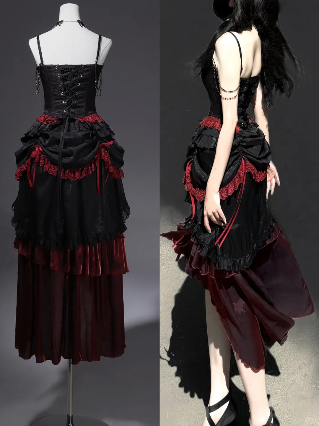 formaldressy-Black red elegant long corset tulle prom dress evening gown gh5345