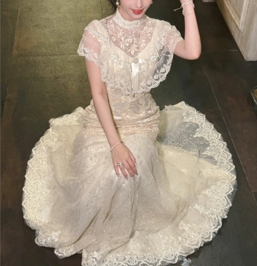 formaldressy-Birthday dress Lace Embroidery High-neck Gown, Retro Elegance Shows Feminine Softness gh5898