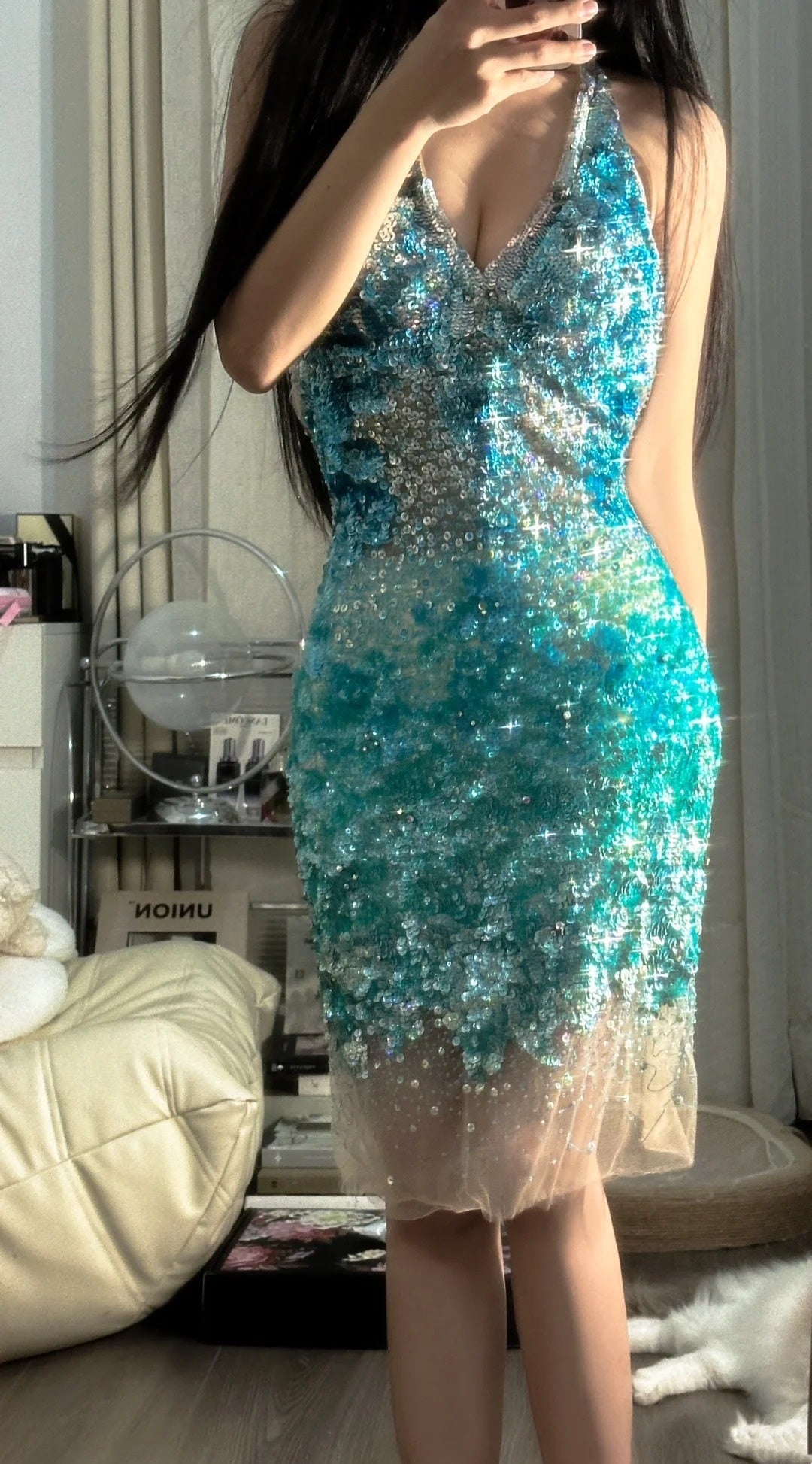 formaldressy-Teal-Green Gradient Sequin Halter-Neck Deep V Short Fashion Party Gown gh6380