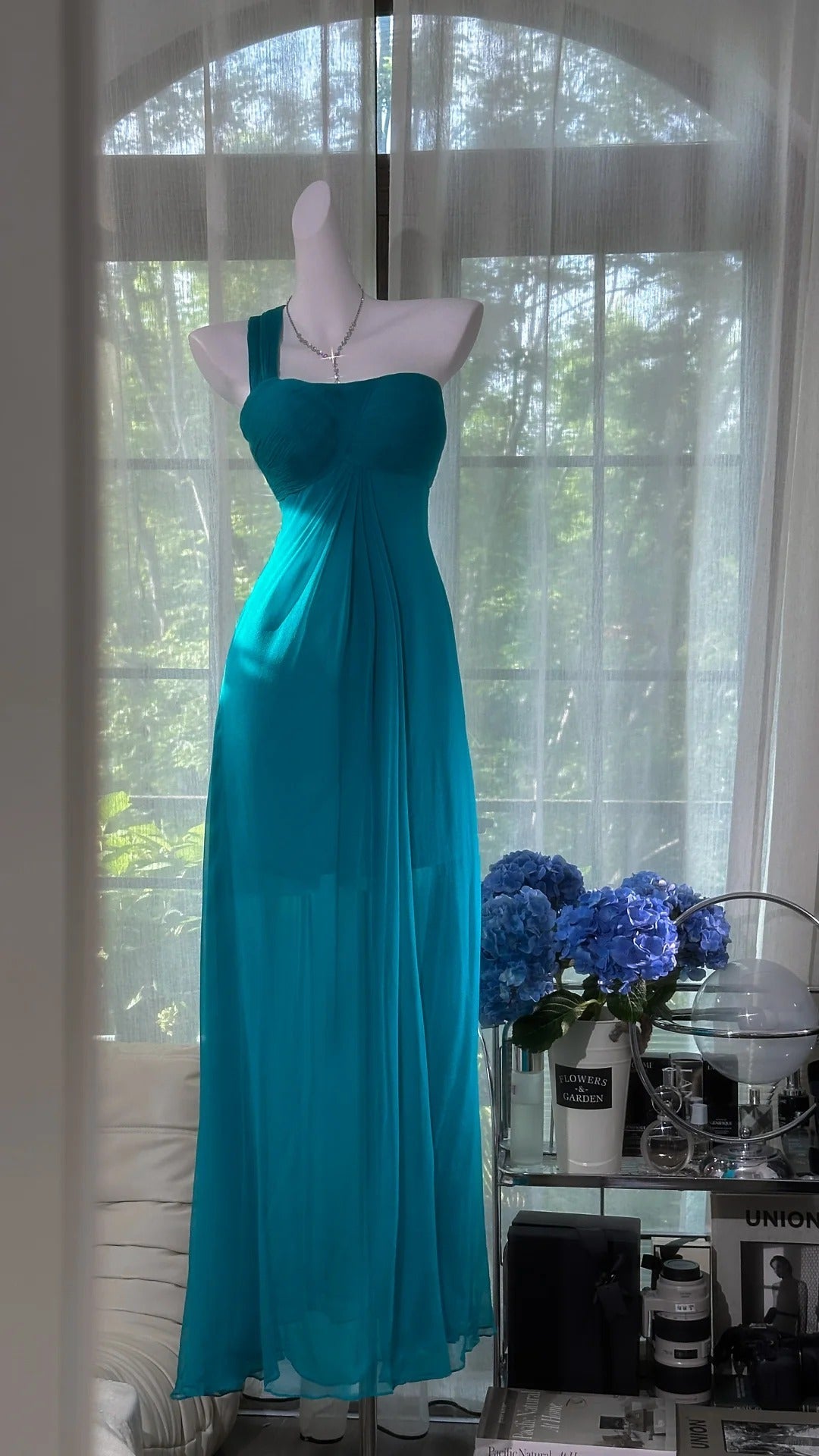 formaldressy--Blue one shoulder fashionable and elegant chiffon long prom dress gh5591