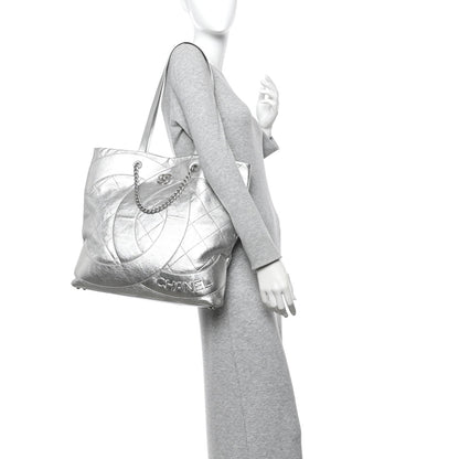 Metallic Calfskin Stitched CC Club Monaco Tote Silver