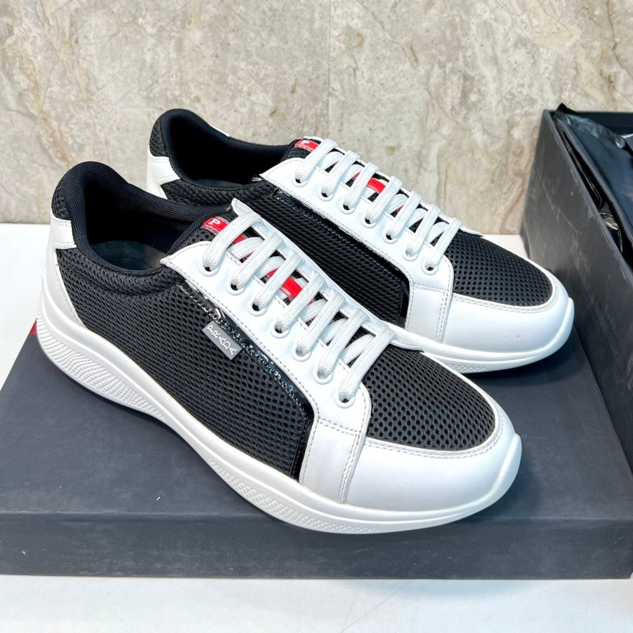 PRA SNEAKER WHITE MIX BLACK CALFSKIN AND MESH FABRIC