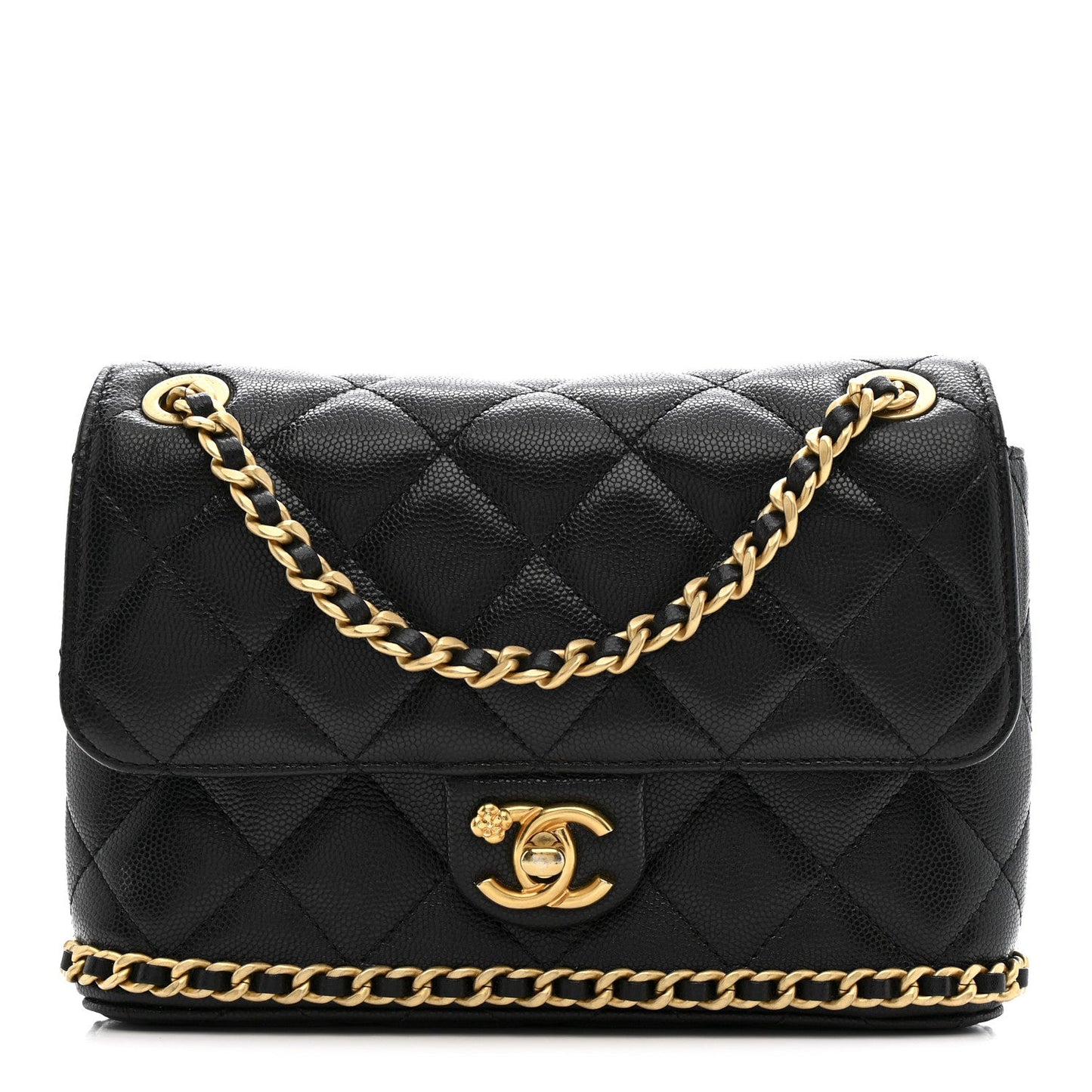 Caviar Quilted Camellia Chain Around Flap Black