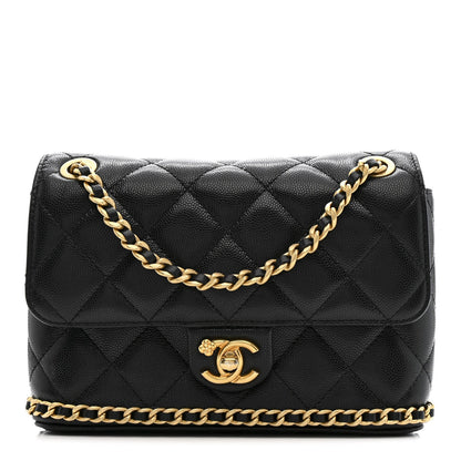 Caviar Quilted Camellia Chain Around Flap Black