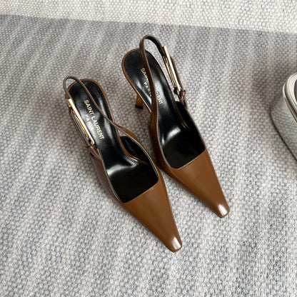 LEE SLINGBACK PUMPS 105 IN BROWN PATENT LEATHER GOLD HEEL