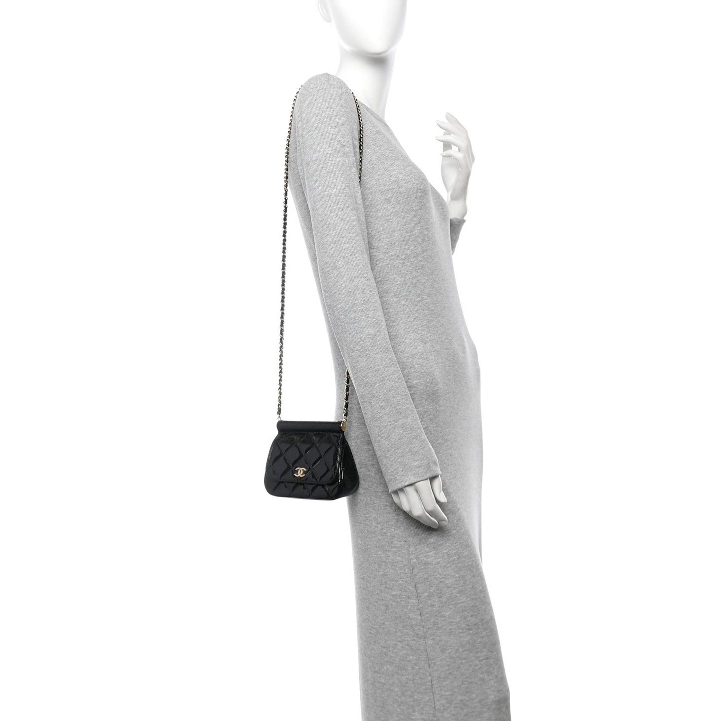 Patent Quilted Frame Clutch Flap With Chain Black
