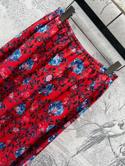 LV 25 Elastic Waist Old Flower Leather Skirt Red Poliester