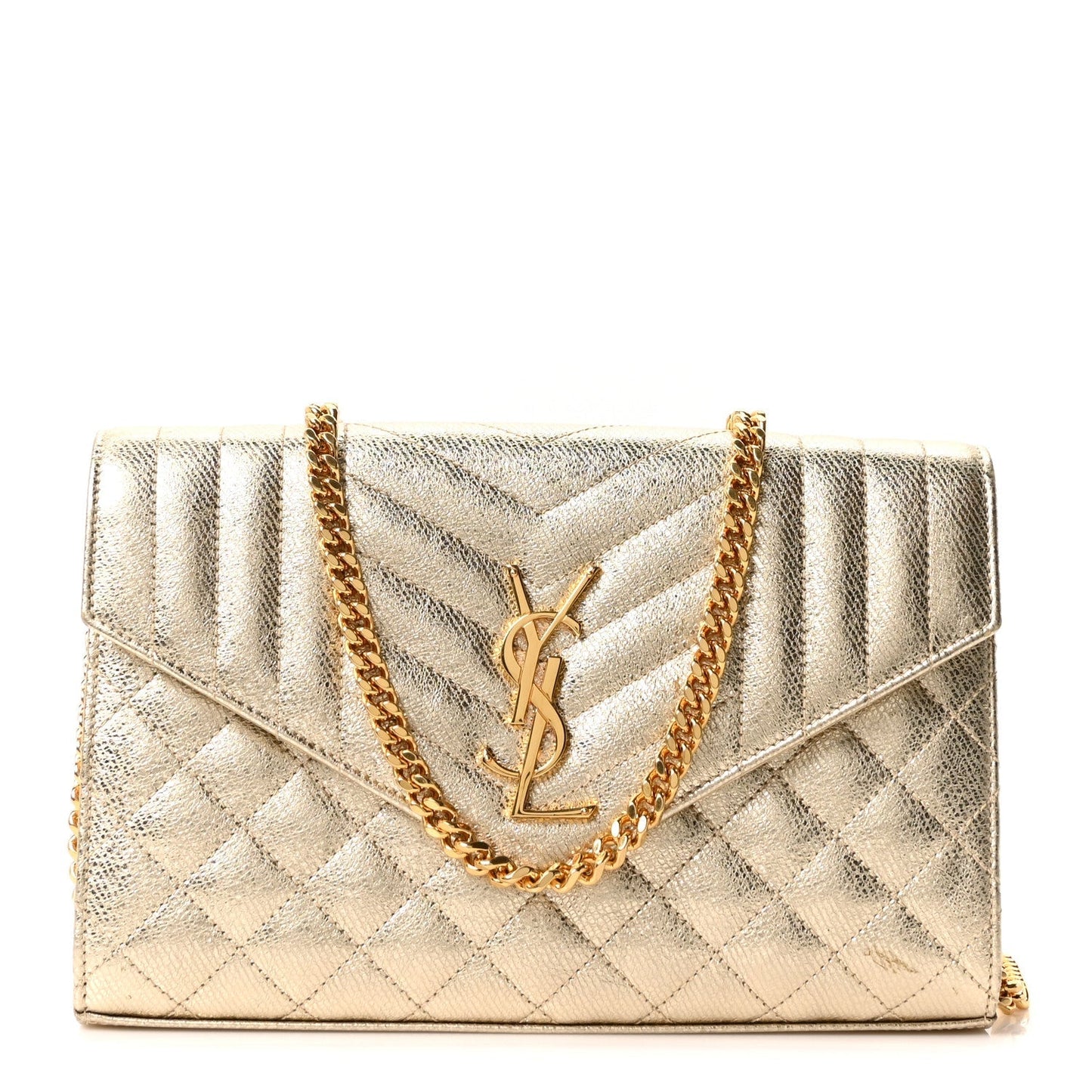 Metallic Calfskin Tri-Quilt Monogram Envelope Chain Wallet  Oro