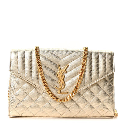 Metallic Calfskin Tri-Quilt Monogram Envelope Chain Wallet  Oro
