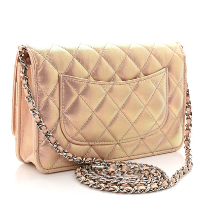 Iridescent Calfskin Quilted Wallet On Chain WOC Pink