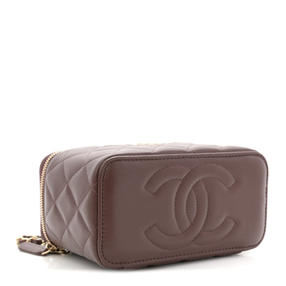 Lambskin Quilted Small Top Handle Vanity Case With Chain Dark Brown
