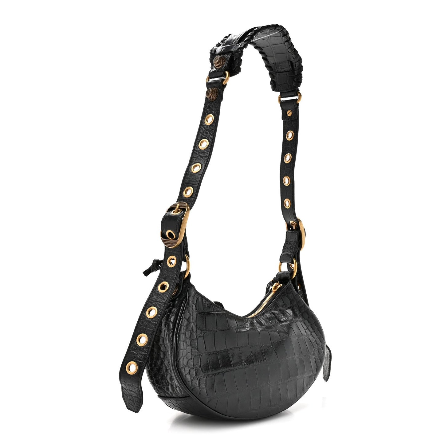 Extra Supple Calfskin Crocodile Embossed Le Cagole Shoulder Bag XS Black