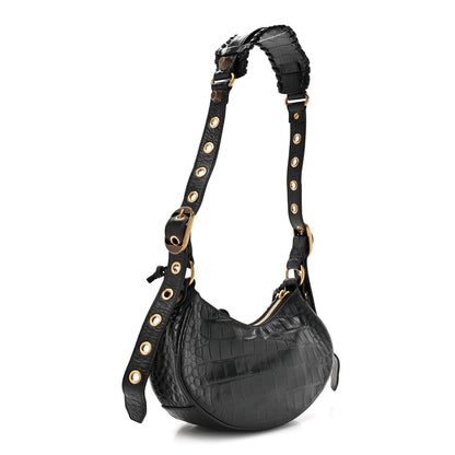 Extra Supple Calfskin Crocodile Embossed Le Cagole Shoulder Bag XS Black