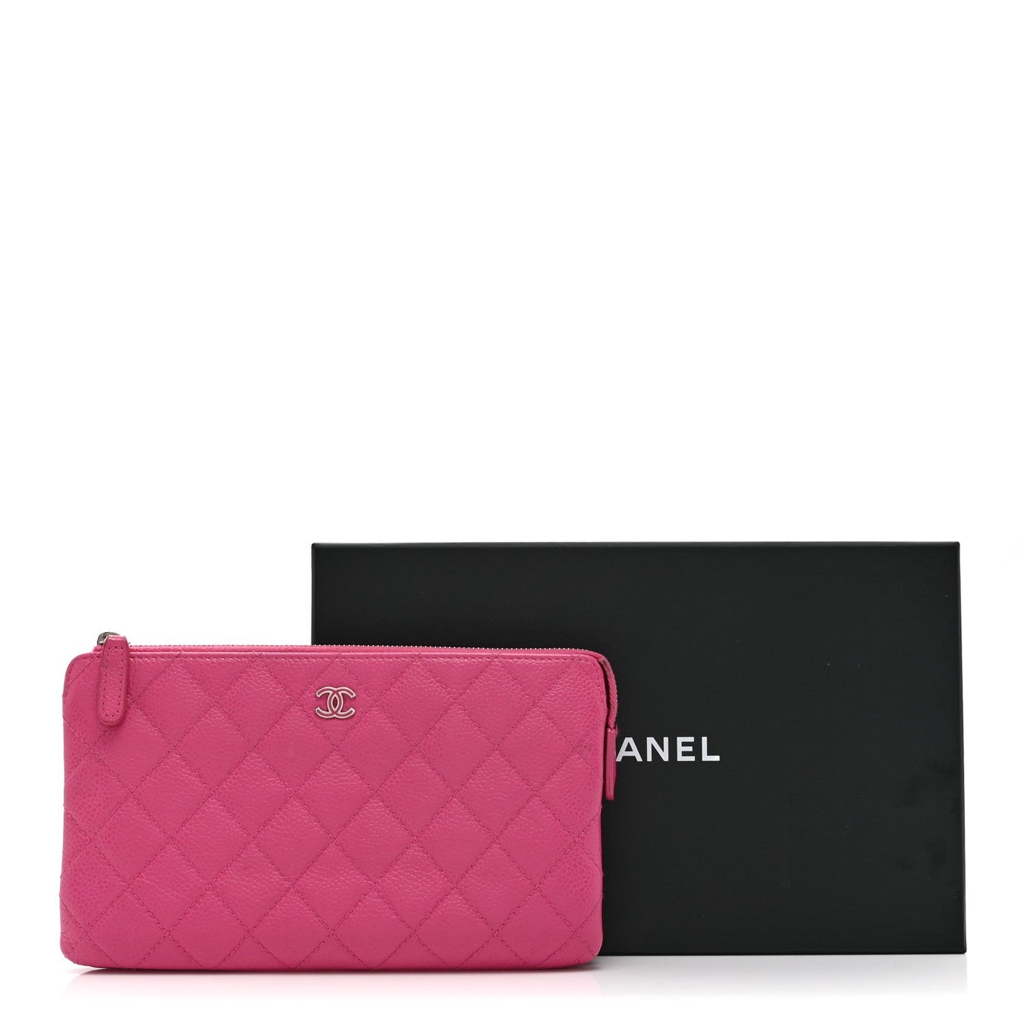 Caviar Quilted Enamel Zipped Clutch  Pink