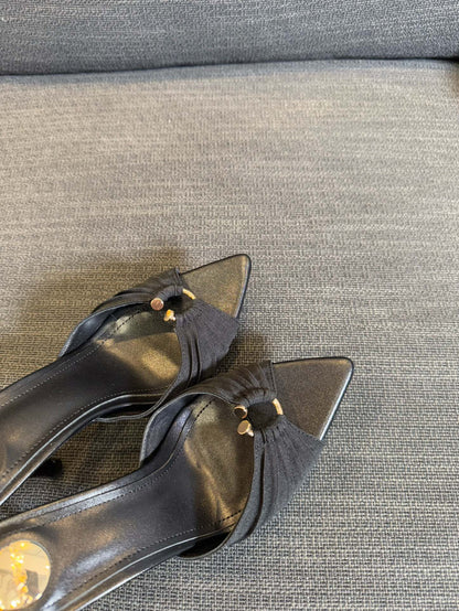 LOLA HIGH MULES IN BLACK SMOOTH LAMBSKIN AND DRAPED JERSEY
