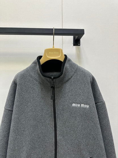 Miu Embroidered Fleece Hooded Zip-Up Jacket Dark Grey Cashmere 346110