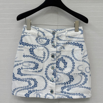 CC 25 Printed Denim Single-breasted Short Skirt Blue White Cotton