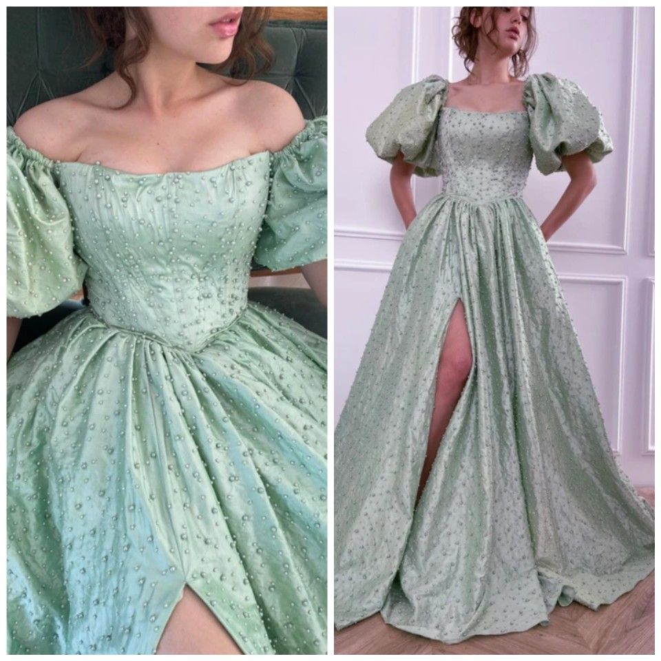 formaldressy-Green pearl beaded long satin short-sleeved princess dress long graduation dress gh5766