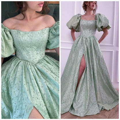 formaldressy-Green pearl beaded long satin short-sleeved princess dress long graduation dress gh5766