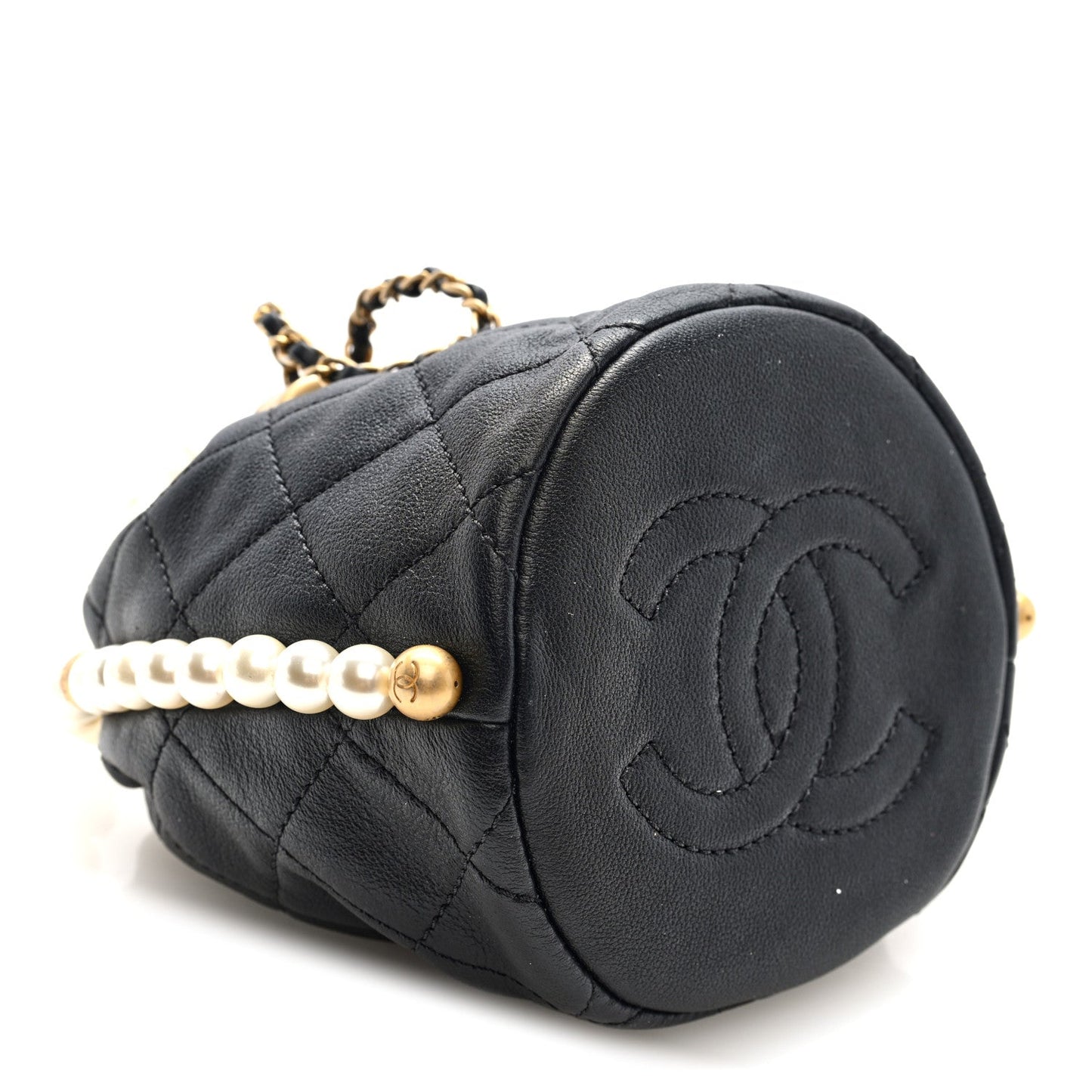 Calfskin Quilted Pearl Mini About Pearls Drawstring Bucket Bag Black
