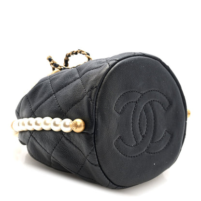 Calfskin Quilted Pearl Mini About Pearls Drawstring Bucket Bag Black