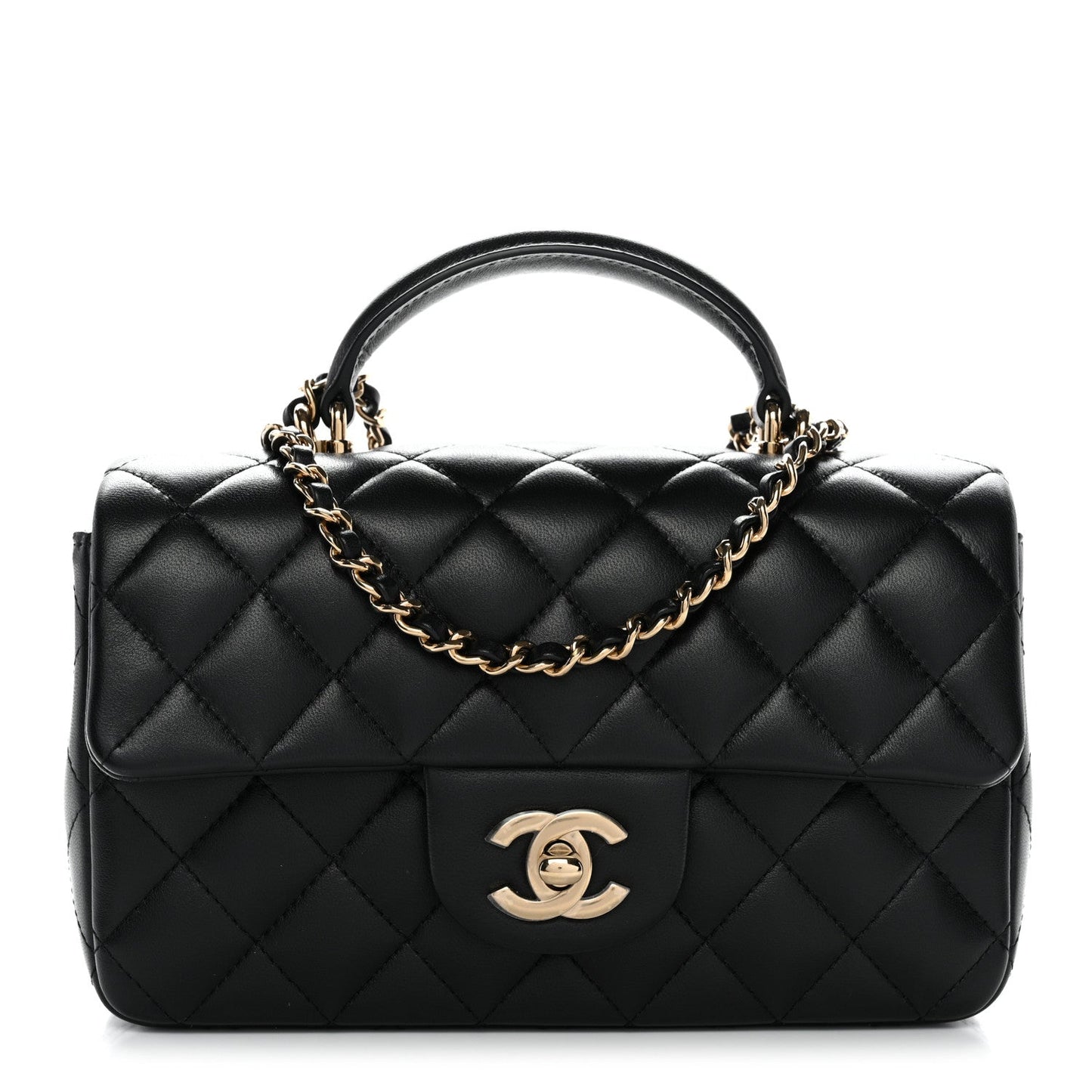 Lambskin Quilted Mini Top Handle Rectangular Flap Black