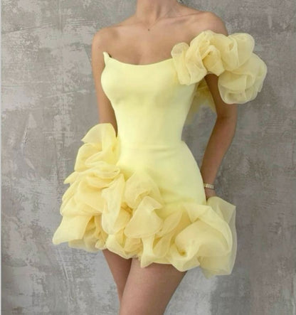 formaldressy-Yellow one-shoulder fashion sweet bud skirt short chiffon homecoming dress birthday dress gh5269