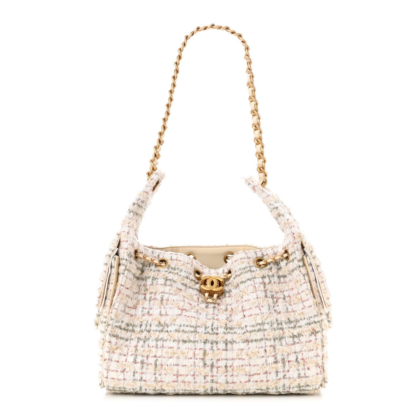 Tweed Quilted Small Chanel 25 Handbag Ecru Khaki Gold Red