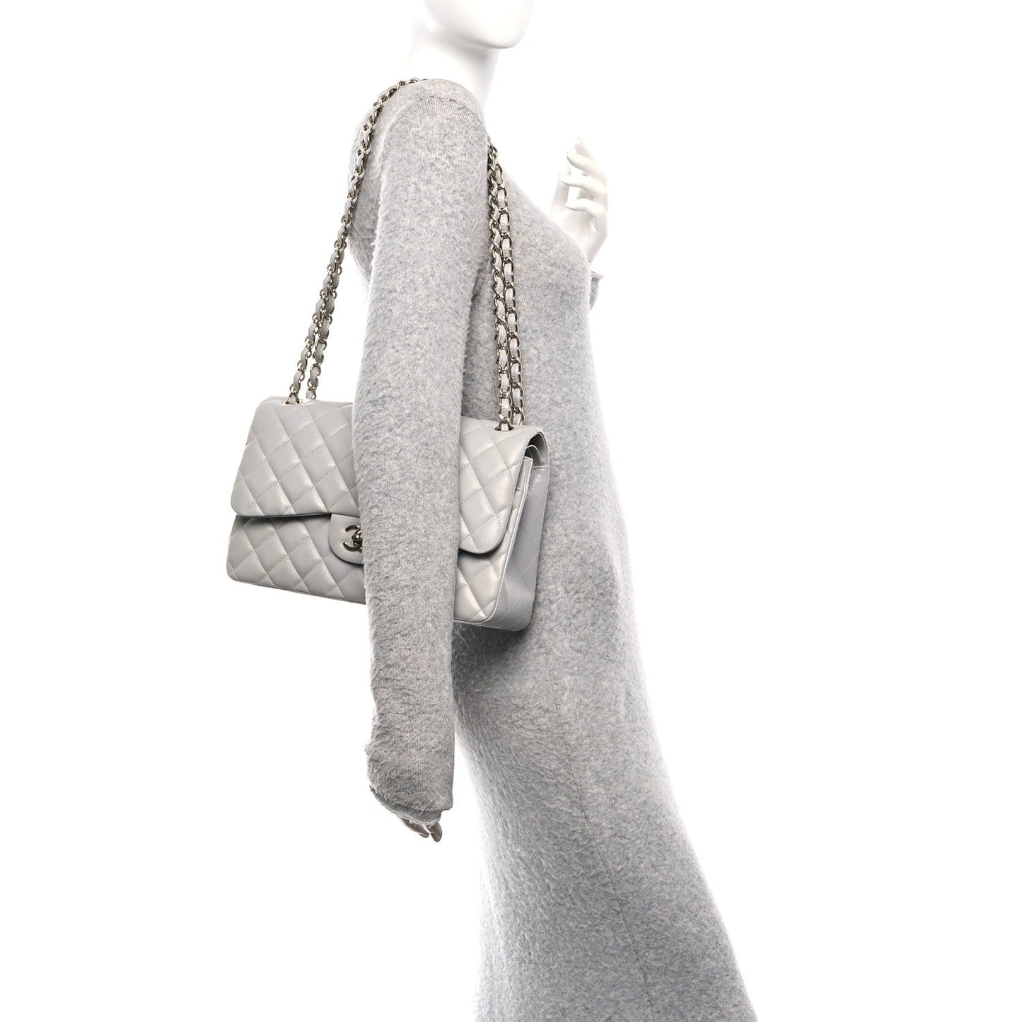 Caviar Quilted Jumbo Double Flap Grey