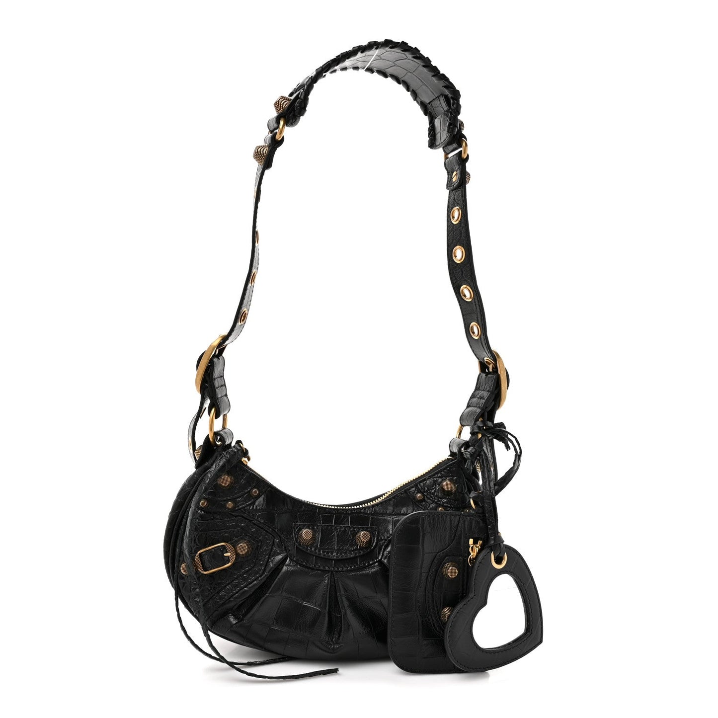 Extra Supple Calfskin Crocodile Embossed Le Cagole Shoulder Bag XS Black