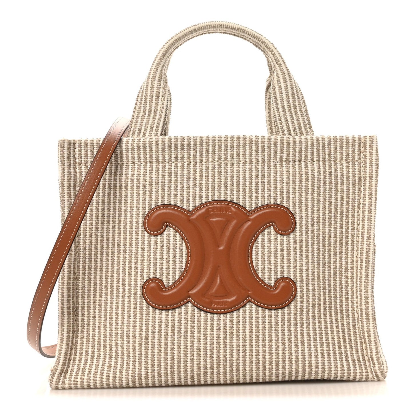 Canvas Calfskin Striped Triomphe Small Cabas Beige