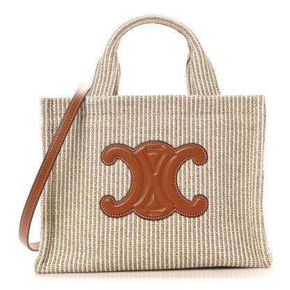 Canvas Calfskin Striped Triomphe Small Cabas Beige