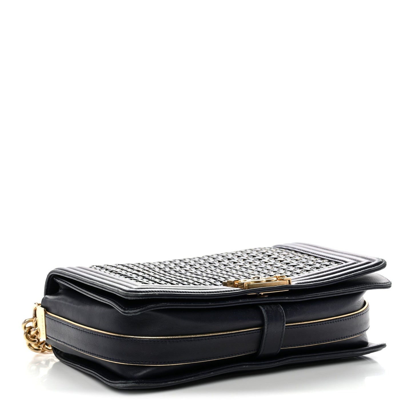 Lambskin Braided Woven Medium Boy Flap Navy Black
