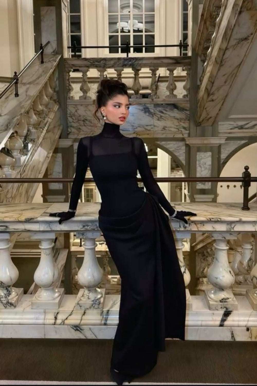 formaldressy-Black Long-Sleeved Satin Long Dress gh6252