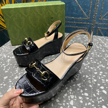 GG  HORSEBIT FLATFORM SANDAL GLOSSY BLACK CALFSKIN