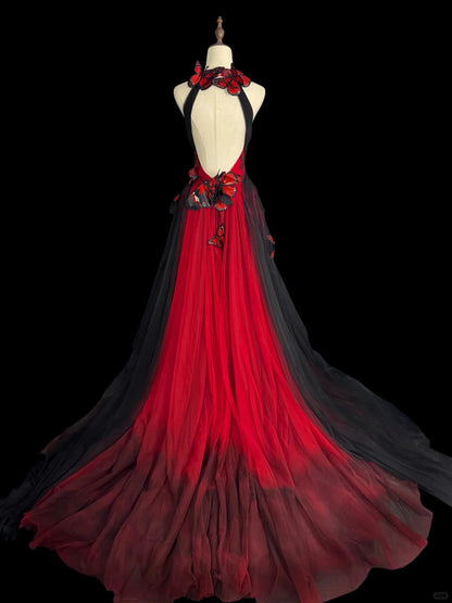 formaldressy-Red black gradient retro fashion butterfly fairy exquisite long backless evening dress tulle prom dress gh5355