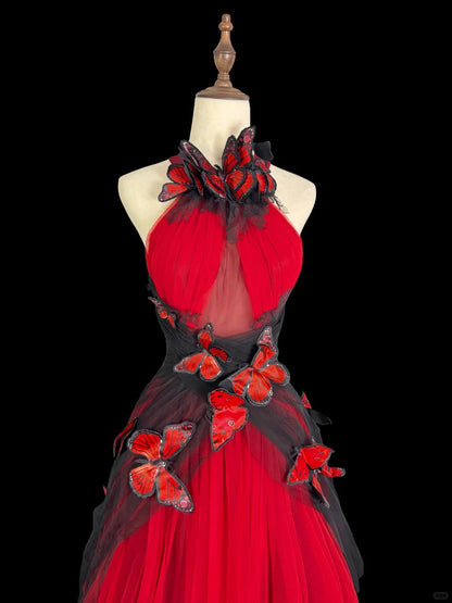 formaldressy-Red black gradient retro fashion butterfly fairy exquisite long backless evening dress tulle prom dress gh5355